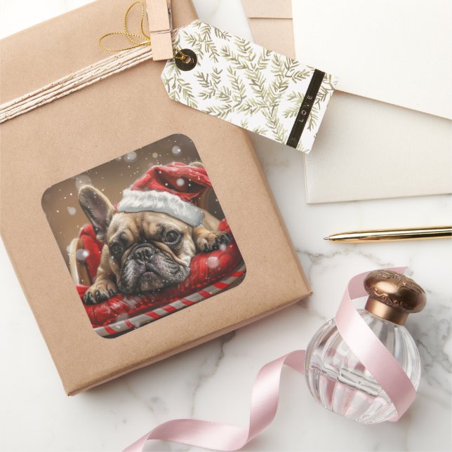 Sticker Carré Festive de Noël de Chien de taureaux français (Cadeaux)