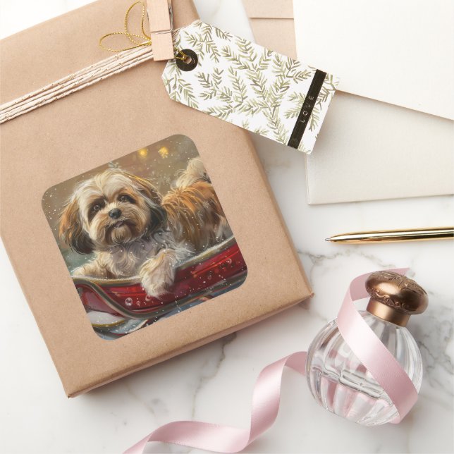 Sticker Carré Festive de Noël de chien Lhasa Apso (Cadeaux)