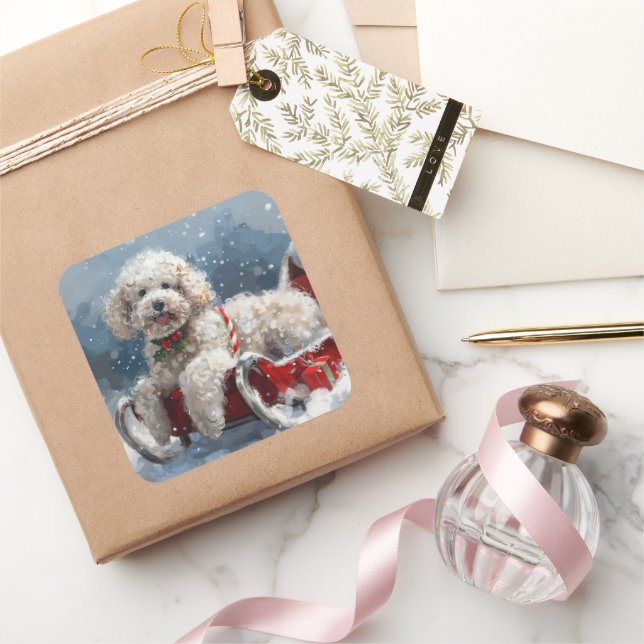 Sticker Carré Festive de Noël du chien de caniche (Cadeaux)