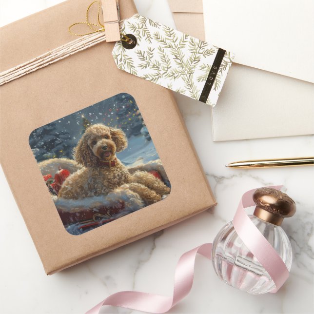 Sticker Carré Festive de Noël du chien de caniche (Cadeaux)