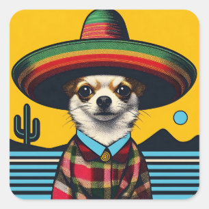 Sticker Carré Festive Fiesta Chihuahua portant Sombrero Sarape
