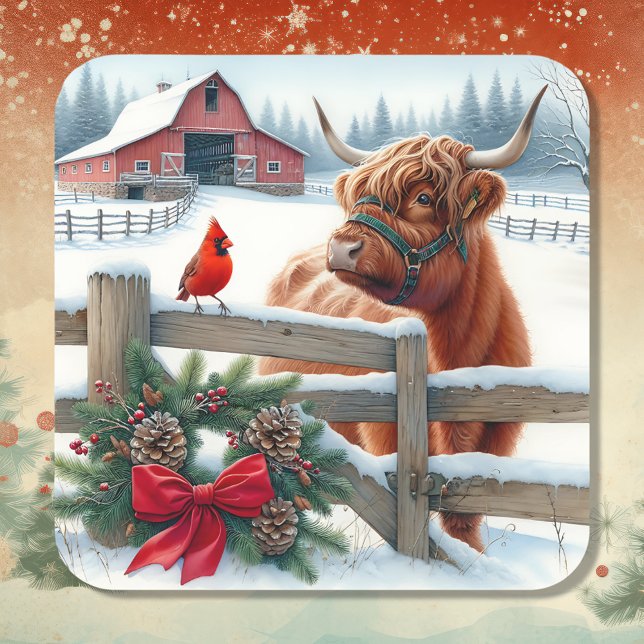 Sticker Carré Festive Highland Cow et Noël cardinal (Créateur téléchargé)