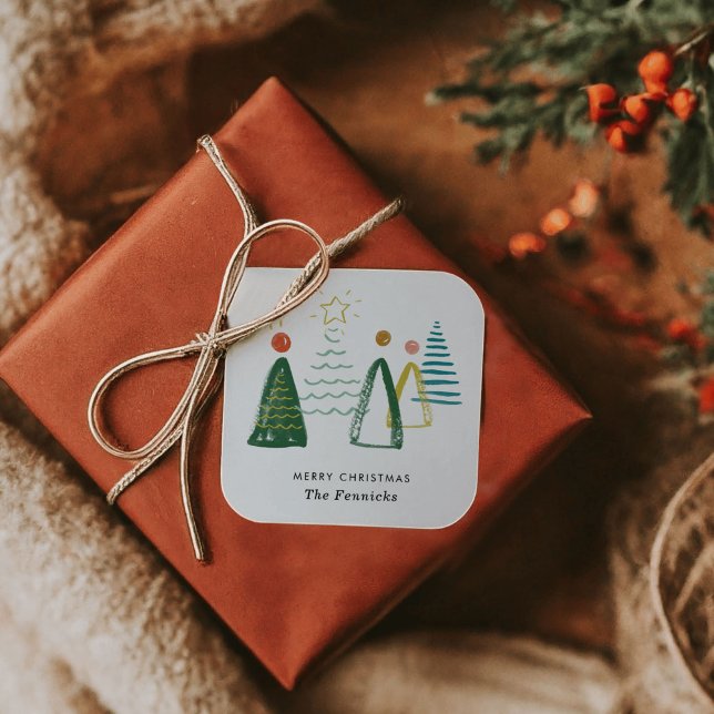 Sticker Carré Festive Moderne Aquarelle Noël Arbres de Noël (Classic Festive Colors Simple Modern Watercolor Christmas Trees Holiday Stickers)