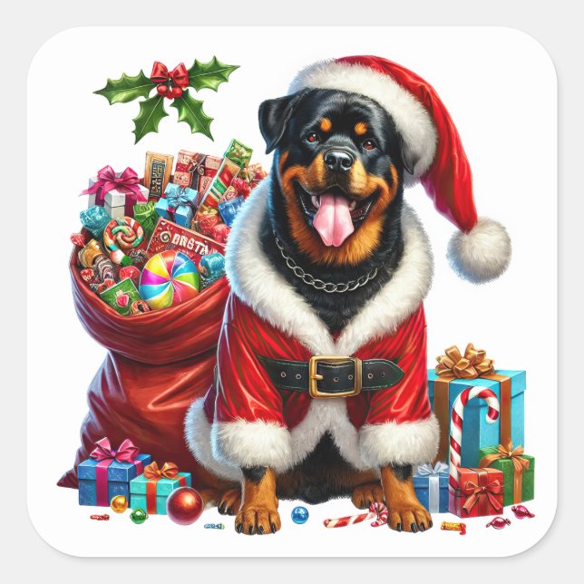 Sticker Carré Festive Rottweiler habillé à Père Noël Attire (Devant)