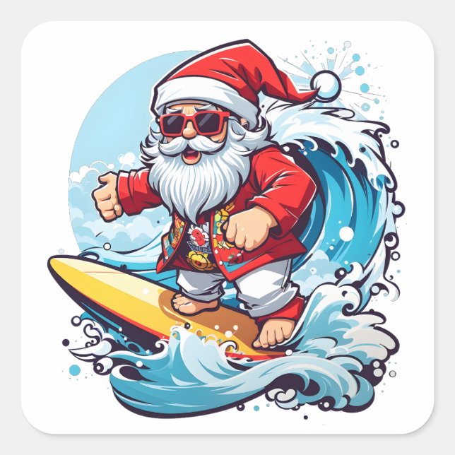 Sticker Carré Festive Santa Claus surfant Vagues de Noël (Devant)