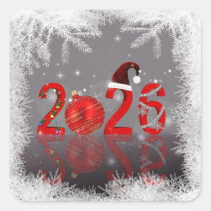 Sticker Carré Fête 2026 Rouge Joyeux Noël Nouvel An