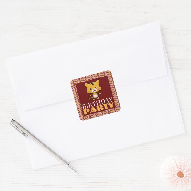 Sticker Carré Fête Animal Kitten, Chevron Anniversaire (Enveloppe)