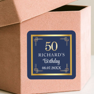 Sticker Carré Fête d'anniversaire 50 ans Elegant Blue Gold