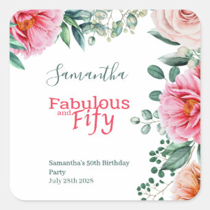 Sticker Carré Fête d'anniversaire 50 ans Floral Aquarelle Rose