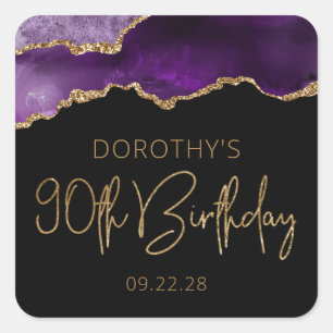 Sticker Carré Fête d'anniversaire 90 ans Chic Agate Geode Violet