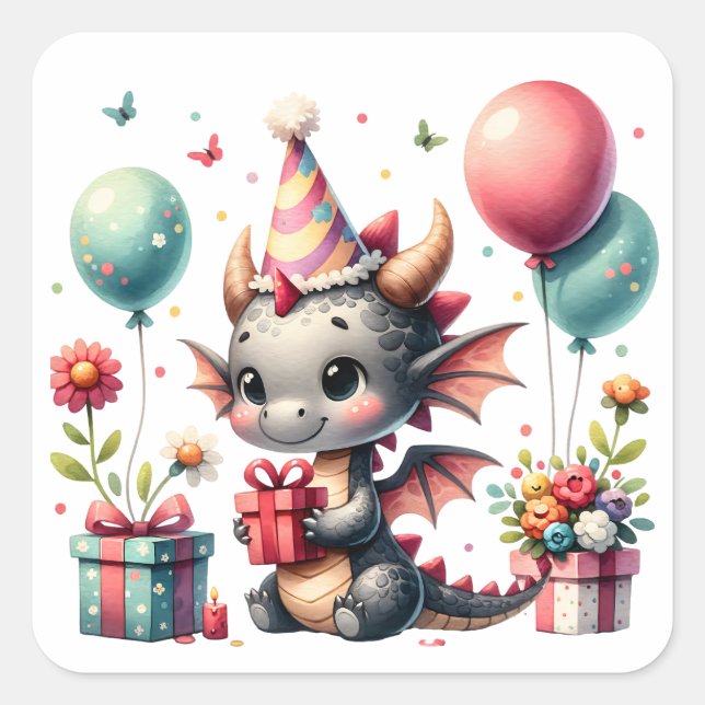 Sticker Carré Fête d'anniversaire à thème du dragon de fille (Devant)