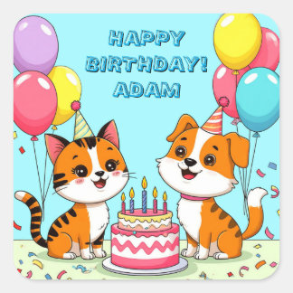 Sticker Carré Fête d'anniversaire amusante de chat et chien mign