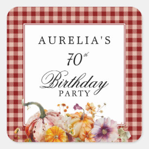 Sticker Carré Fête d'anniversaire aux citrouilles en plaid rouge