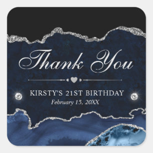 Sticker Carré Fête d'anniversaire avec marbre pailleté bleu et a