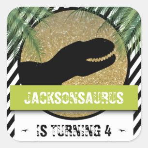 Sticker Carré Fête d'anniversaire blanche noire de dinosaure