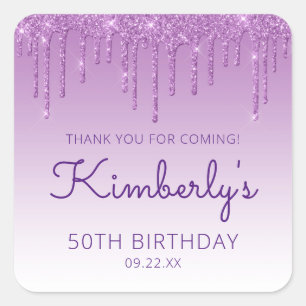 Sticker Carré Fête d'anniversaire de 50 ans Merci Purple Glitter
