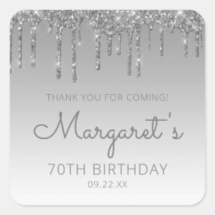 Sticker Carré Fête d'anniversaire de 70 ans Merci Silver Glitter