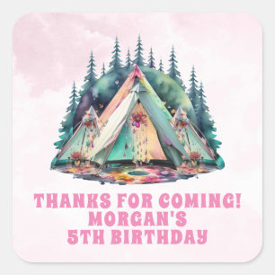 Sticker Carré Fête d'anniversaire de camping rose en pyjama Fave