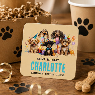 Sticker Carré Fête d'anniversaire de chien chiot aquarelle