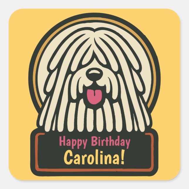 Sticker Carré Fête d'anniversaire de Chien Shaggy Blanc (Devant)
