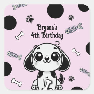 Sticker Carré Fête d'anniversaire de chiot os de poisson rose et