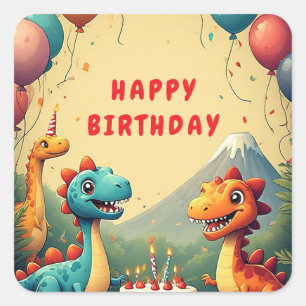 Sticker Carré 🎉 Fête d'anniversaire de dinosaure avec gâteau et