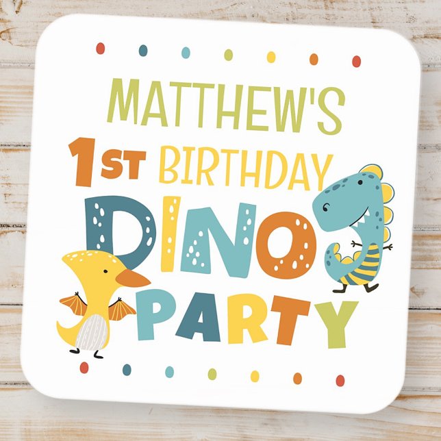 Sticker Carré Fête d'anniversaire de dinosaure Dino moderne pour (Créateur téléchargé)