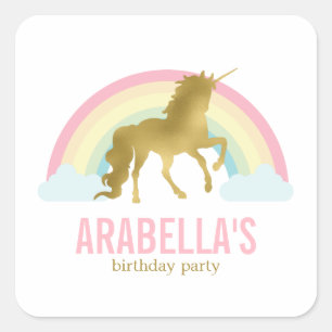 Sticker Carré Fête d'anniversaire de filles de licorne d'or