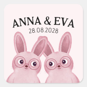 Sticker Carré Fête d'anniversaire de jumeaux Bunny avec des lune