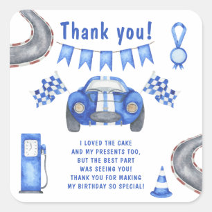 Sticker Carré Fête d'anniversaire de voiture de course Merci
