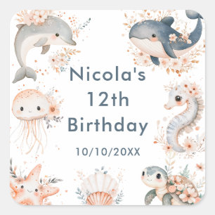Sticker Carré Fête d'anniversaire des animaux sous la mer