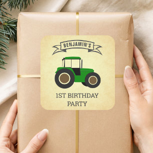 Sticker Carré Fête d'anniversaire des enfants avec tracteur de f