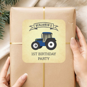 Sticker Carré Fête d'anniversaire des enfants tracteur agricole