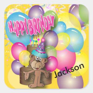 Sticker Carré Fête d'anniversaire du petit singe gris