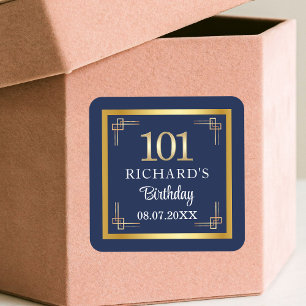 Sticker Carré Fête d'anniversaire élégante Bleu Or 101ème
