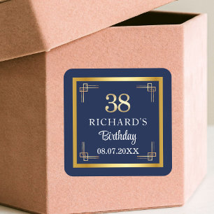 Sticker Carré Fête d'anniversaire élégante bleue et or 38 ans