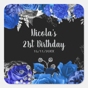 Sticker Carré Fête d'anniversaire élégante fleurs bleues et arge