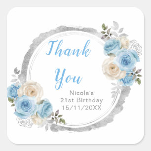 Sticker Carré Fête d'anniversaire Fleurs Bleu Poussiéreux Élégan