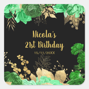 Sticker Carré Fête d'anniversaire Fleurs Vertes et Dorées Élégan