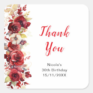Sticker Carré Fête d'anniversaire florale aux roses rouges roman