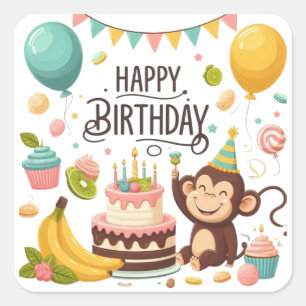 Sticker Carré Fête d'anniversaire joyeux singe mignon