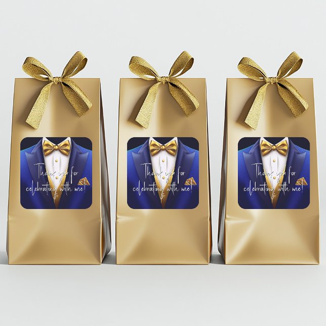 Sticker Carré Fête d'anniversaire Mens Royal Blue Gold (Mens royal blue and gold birthday party stickers. Change the text, add photo, etc., for your event.)