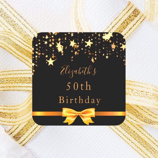 Sticker Carré fête d'anniversaire noir étoiles chic moderne (Créateur téléchargé)