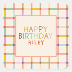 Sticker Carré Fête d'anniversaire personnalisée pastel carreaux 
