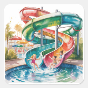 Sticker Carré Fête d'anniversaire pour enfants avec toboggan aqu