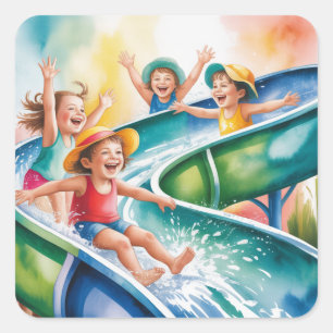 Sticker Carré Fête d'anniversaire pour enfants Glissade aquatiqu