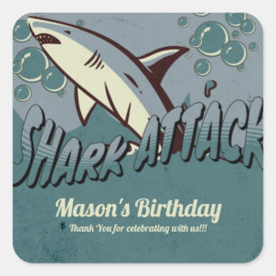 Sticker Carré Fête d'anniversaire sur le thème du requin rétro 