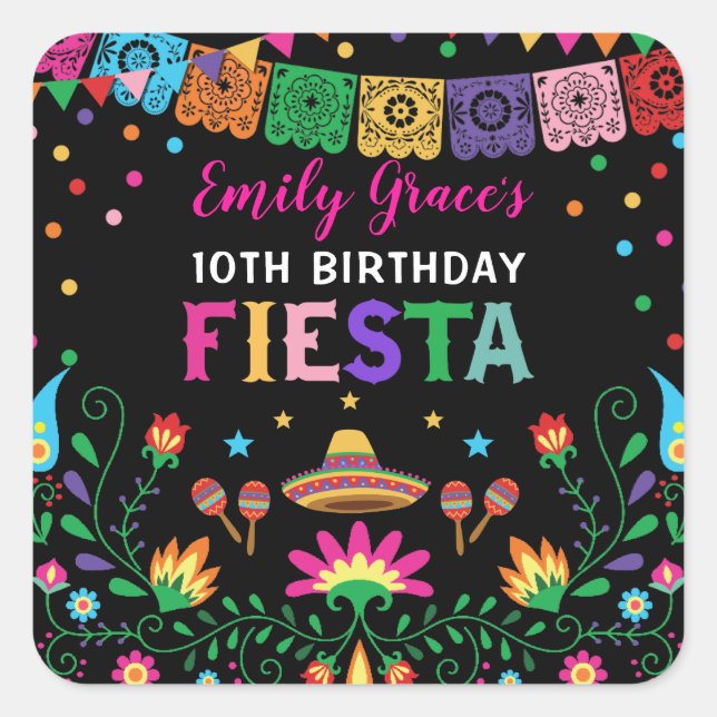 Sticker Carré Fête d'anniversaire thème fiesta motif floral mexi (Devant)