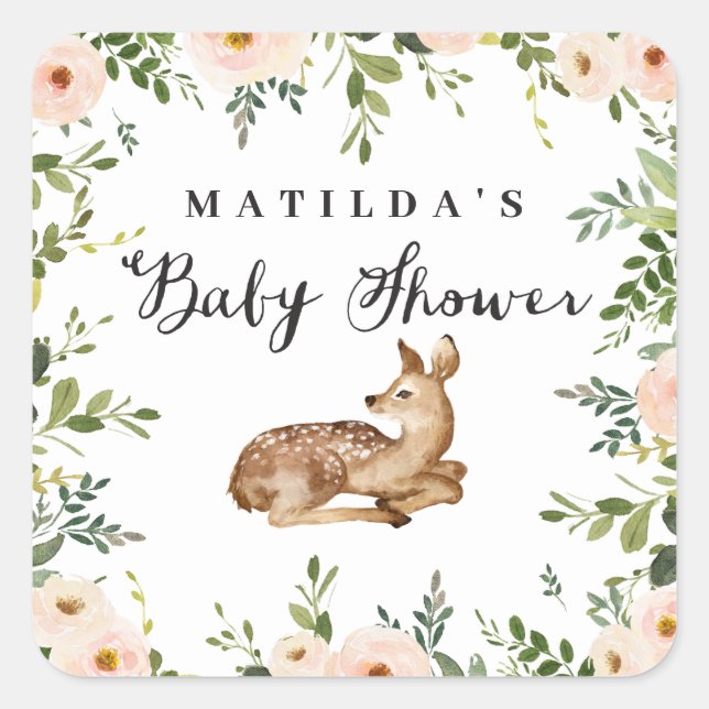 Sticker Carré Fête de baby shower de cerfs à fleurs d'aquarelle (Devant)