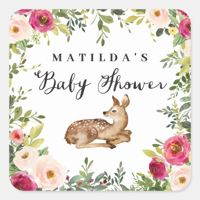 Sticker Carré Fête de baby shower de cerfs à fleurs d'aquarelle (Devant)